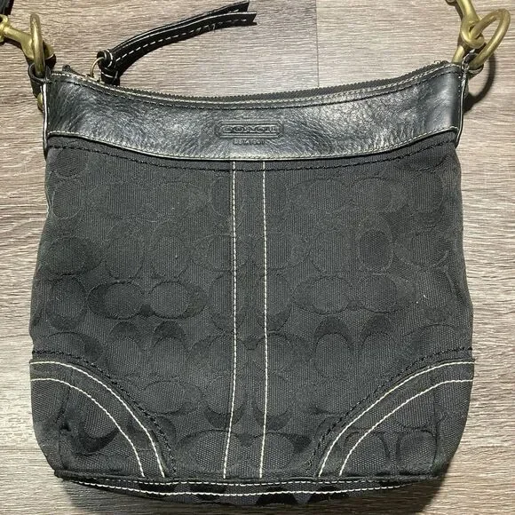 Coach Black Signature Shoulder Bag Canvas Leather Straps - Picture 1 of 11